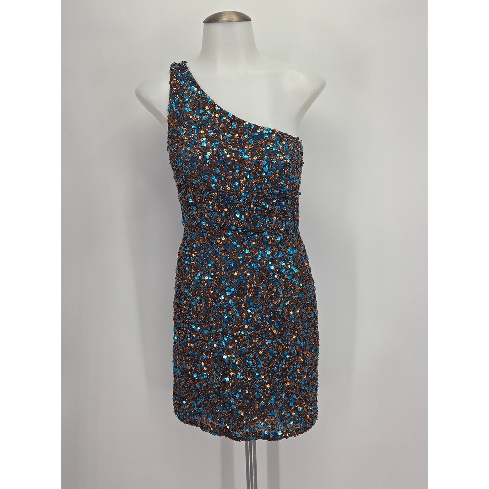 Vintage Scala One Shoulder Sequin Cocktail Party Mini Dress Blue Brown Size 0